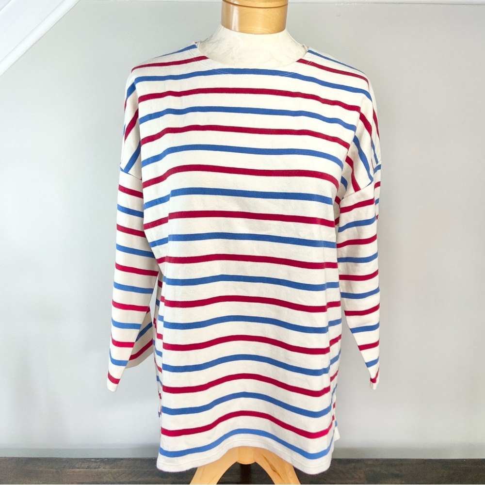 La Ligne NEW Breton Striped Red Blue Quarter Sleeve 100% Cotton Top Large